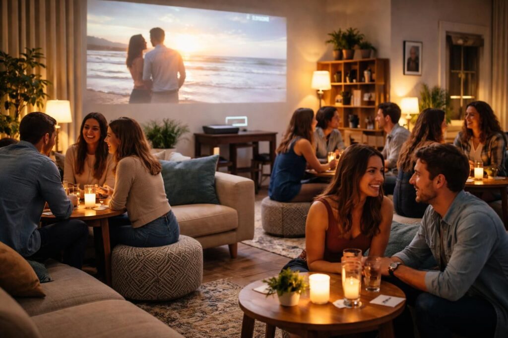 organisez une soirée conviviale entre amis avec un speed-dating original à la maison, animé par un vidéoprojecteur epson pour une expérience fun et immersive.