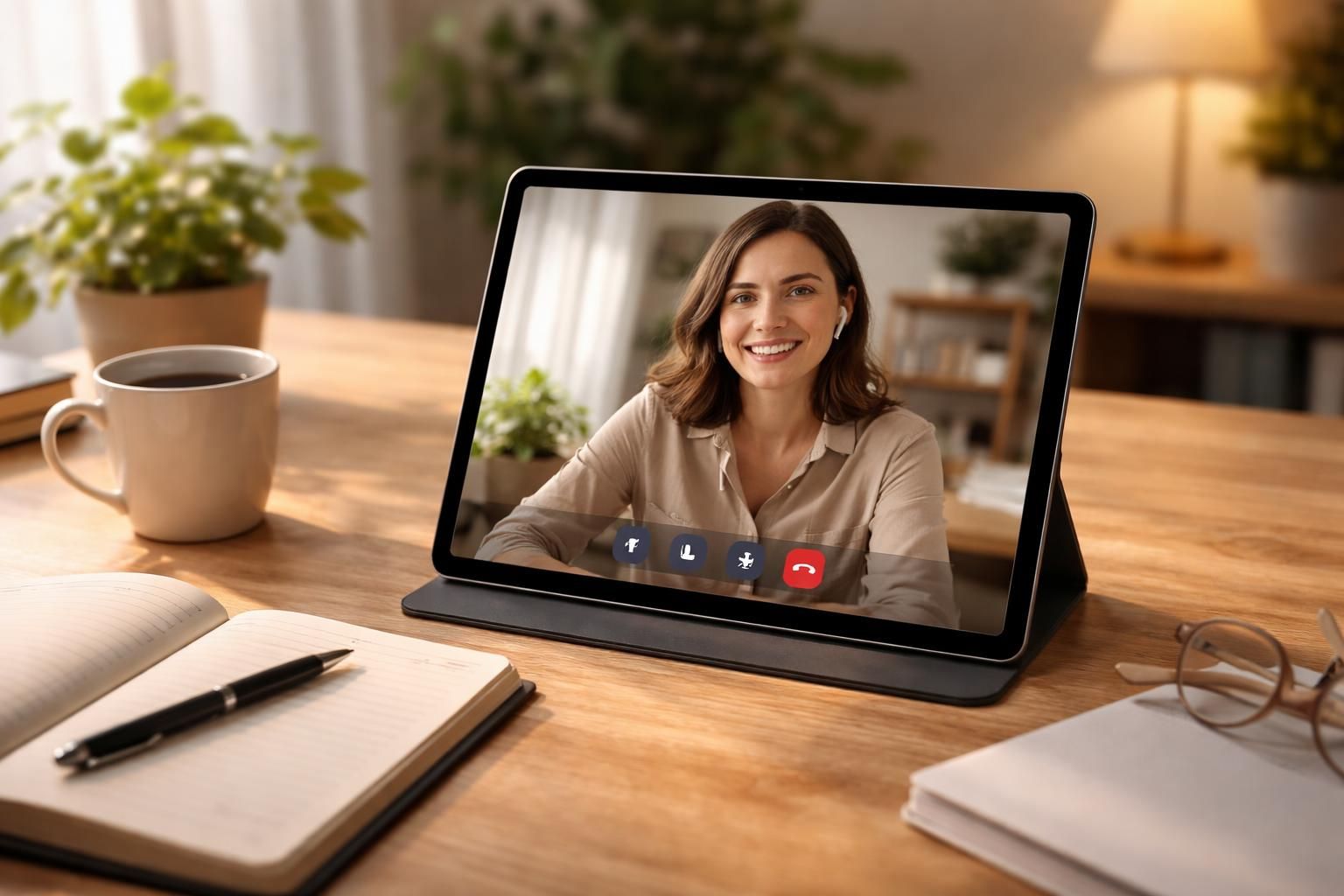 organisez votre rendez-vous en visio avec un éclairage optimal et un cadre adapté sur tablette tactile pour une rencontre réussie et professionnelle.